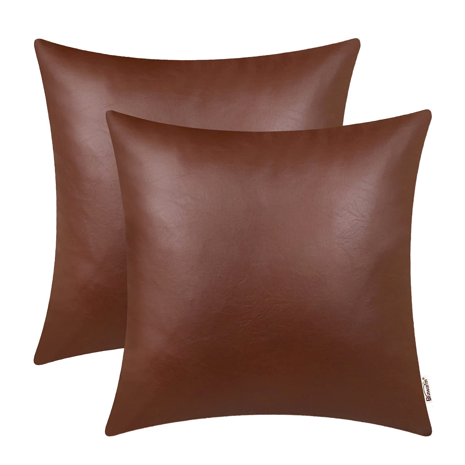 Brawarm Faux Leather Throw Pillow Covers 16 X 16 Inches - Brown Leather Pilow Covers Pack Of 2, Solid Dyed Leather Pillowcases F